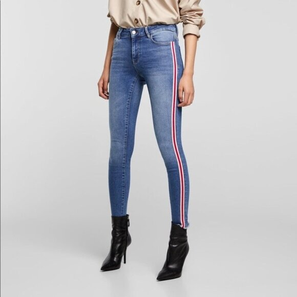 ZARA BASIC DENIM RED STRIPED SKINNY JEANS SIZE 4 - Picture 1 of 5